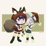  2boys :o aged_down animal_ear_fluff animal_ears antlers aotsuki_eito apple_costume bag black_gloves black_shoes black_socks black_streaks black_sweater_vest blue_eyes candy candy_cane christmas commentary deer_ears deformed english_commentary fake_animal_ears food fur-trimmed_headwear fur_trim glasses gloves green_background green_outline grey_hair gryswtch hand_grab hat highres holding holding_bag holding_candy holding_candy_cane holding_food horns jacket male_focus mixed-language_commentary multicolored_hair multiple_boys outline purple_eyes red_hair red_hat red_jacket red_pupils red_shorts reindeer_antlers revision santa_hat shirt shoes short_hair shorts socks streaked_hair sumino_takumi sweater_vest the_hundred_line_-last_defense_academy- twitter_username two-tone_background two-tone_hair white_background white_shirt white_shoes white_shorts 