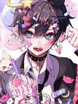  bandaid bandaid_on_face bandaid_on_finger bandaid_on_hand black_choker black_hair choker crossdressing crossdressing_(mtf) drink fangs highres holding holding_drink holding_ear kaminoq looking_to_the_side necktie oreo original pill pinching_ear shirt tongue tongue_out white_shirt 