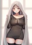  1girl :o black_legwear black_shirt blanket blurry breasts brown_eyes collarbone cowboy_shot highres large_breasts long_hair long_sleeves looking_at_viewer no_pants original parted_lips reinama ribbon shirt silver_hair solo standing thigh_gap thighhighs thighs white_ribbon window 