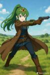  1girl absurdres ai-generated blue_pants blue_sky boots brown_boots brown_coat coat day fire_emblem green_hair gun handgun high_ponytail highres legs_apart long_hair long_sidelocks non-web_source open_clothes open_coat open_mouth outdoors pants ponytail sidelocks sky smile solo tiki_(fire_emblem) unbuttoned weapon 
