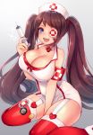  1girl bare_shoulders blue_eyes breasts brown_hair choker cleavage demeter_(destiny_child) destiny_child dress eyepatch hat highres jewelry large_breasts long_hair looking_at_viewer nurse nurse_cap simple_background smile solo sonko1015 syringe thighhighs twintails very_long_hair 