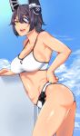  1girl ass bikini blue_sky breasts cleavage cloud eyepatch hand_on_hip kantai_collection large_breasts looking_at_viewer purple_hair remodel_(kantai_collection) short_hair skindentation sky smile solo sunao_(souis) swimsuit tenryuu_(kantai_collection) thighs yellow_eyes 