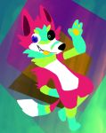  2019 action_pose ambiguous_gender black_sclera blep blue_eyes canid canine canis digital_media_(artwork) dipstick_tail domestic_dog featureless_crotch flat_colors fox gallil hand_behind_back heterochromia looking_at_viewer mammal multicolored_tail nude pose raspberry-puppyfox simple_background solo striped_tail stripes tongue tongue_out wave yellow_paws yellow_tongue 