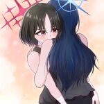  2girls arm_around_shoulder bandages black_hair blue_archive blue_hair blush commentary_request hug kenkou1banno1 misaki_(blue_archive) multiple_girls red_eyes saori_(blue_archive) simple_background sweat wrist_wrap yuri 
