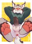  anthro anus balls bottomless bottomless_male canada_lynx clothed clothing disney erection felid feline foreskin genitals hi_res lynx male mammal mytigertail pawbert_lynxley pawpads paws penis solo sweater topwear whiskers yellow_eyes zootopia 
