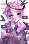  1boy animal_ears bandaid bandaid_on_face black_halo black_necktie black_ribbon broken_heart collared_shirt hair_ornament hairclip halo head_tilt heart highres kaminoq looking_at_viewer male_focus necktie original parted_lips pink_liquid ribbon shirt solo tail teeth watermark white_background 