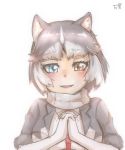  1girl animal_ear_fluff animal_ears backlighting blue_eyes commentary_request dog_(mixed_breed)_(kemono_friends) dog_ears elbow_gloves eyebrows_visible_through_hair fur-trimmed_sleeves fur_trim gloves grey_hair hands_clasped heterochromia highres kemono_friends looking_at_viewer multicolored_hair own_hands_together parted_lips short_hair short_sleeves signature simple_background smile solo thin_(suzuneya) two-tone_hair upper_body white_background white_gloves white_hair yellow_eyes 