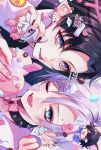  2boys bandaid bandaid_on_face black_hair black_nails blue_eyes collar commentary_request ear_piercing earrings good_twins_day hair_between_eyes highres jewelry kaminoq male_focus multiple_boys one_eye_closed open_mouth original piercing pink_ribbon pointy_ears ribbon spiked_collar spikes sweat tongue tongue_out tongue_piercing white_hair 