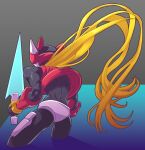  1boy armor blonde_hair commentary_request cowboy_shot energy_sword from_behind g_nm_k grey_background helmet korean_commentary long_hair male_focus mega_man_(series) mega_man_zero_(series) red_armor red_helmet simple_background solo sword weapon zero(z)_(mega_man) zero_(mega_man) 