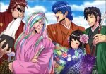  1girl 4boys :3 arrow_(projectile) black_hair blue_eyes blue_hair brother_and_sister cheek_bulge cheek_injury closed_eyes coco_(toriko) commentary_request day earrings eating floral_print floral_print_kimono flower food green_hair green_kimono hair_between_eyes hair_flower hair_ornament hair_slicked_back hamaya hand_fan haregi holding holding_fan hug japanese_clothes jewelry kimono long_hair medium_hair mochi multicolored_hair multiple_boys muscular muscular_male namari_(kashin1215) new_year no_pupils obi open_mouth orange_kimono partial_commentary pink_hair pink_kimono print_kimono red_hair red_kimono rin_(toriko) saliva sash scar scar_on_face short_hair siblings smile sunny_(toriko) tall_male teeth thick_eyebrows toriko toriko_(series) white_eyes white_hair zebra_(toriko) zouni_soup 