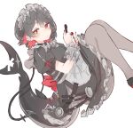  1girl black_dress black_hair black_shoes blush breasts brown_pantyhose candy closed_mouth colored_inner_hair commentary dress earclip earrings ellen_joe feet_out_of_frame fingernails fins fish_tail food frilled_wristband from_side hairband highres holding holding_candy holding_food holding_lollipop holding_phone jewelry lollipop looking_at_viewer medium_breasts metal_hairband mole mole_under_eye multicolored_hair nekonika_(e102k) pantyhose phone razor_blade_hair_ornament red_eyes red_nails scar scar_on_tail shark_girl shark_tail shoes short_hair simple_background solo spiked_headband tail white_background zenless_zone_zero 