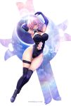  1girl armpits arms_up ass_visible_through_thighs blush bodysuit boots breasts cleavage cleavage_cutout closed_mouth commentary_request copyright_name curvy elbow_gloves fate/grand_order fate_(series) full_body gloves hair_over_one_eye highres large_breasts looking_at_viewer mash_kyrielight navel navel_cutout pink_hair purple_bodysuit purple_eyes purple_gloves purple_legwear shield short_hair simple_background solo thigh_boots thigh_strap thighhighs untsue white_background wide_hips 