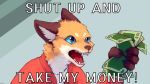  16:9 anthro black_fur black_nose blue_eyes canid canine cheek_tuft clothing color_fox comedy_central english_text fluffy fox fur fur_tuft futurama head_tuft hi_res inner_ear_fluff male mammal meme money open_mouth orange_fur philip_j._fry reaction_image red_clothing red_tongue shut_up_and_take_my_money solo tan_fur text tongue tuft 