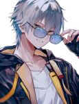  1boy black-framed_eyewear black_gloves black_jacket blue-tinted_eyewear blurry blurry_foreground caelus_(honkai:_star_rail) collarbone commentary_request fingerless_gloves gloves grey_hair hair_between_eyes hand_up highres holding holding_removed_eyewear honkai:_star_rail honkai_(series) hood hooded_jacket jacket kiro_233 lapels long_sleeves looking_at_viewer male_focus shirt short_hair simple_background smile solo sunglasses t-shirt tassel teeth tinted_eyewear trailblazer_(honkai:_star_rail) two-sided_fabric two-sided_jacket unworn_eyewear upper_body white_background white_shirt yellow_eyes yellow_jacket 