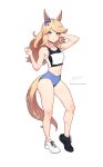  1girl abs alternate_costume animal_ears asymmetrical_footwear bare_shoulders black_shoes black_sports_bra blonde_hair blue_bow blue_buruma blue_eyes blush bow breasts buruma collarbone commentary ear_bow english_commentary full_body gold_city_(umamusume) horse_ears horse_girl horse_tail long_hair looking_at_viewer midriff mismatched_footwear navel parted_lips revenantart shoes simple_background smile solo sports_bikini sports_bra tail toned toned_female track_uniform umamusume white_background white_shoes 