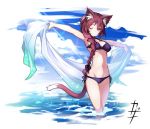  1girl animal_ear_fluff animal_ears armpits arms_up beach bikini braid breasts brown_eyes brown_hair cat_ears cat_tail cleavage cloud commentary_request kazana_(sakuto) long_hair navel ocean one_eye_closed original outdoors outstretched_arms purple_bikini sky smile solo swimsuit tail towel wading 