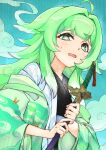  absurdres ahoge black_kimono bleach commentary commission dakaeya english_commentary green_eyes green_hair hair_intakes haori highres holding holding_sword holding_weapon honkai:_star_rail honkai_(series) huohuo_(honkai:_star_rail) japanese_clothes katana kimono long_hair parody raised_inner_eyebrows sheath shihakusho sweatdrop sword taichou_haori watermark weapon white_haori zanpakutou 
