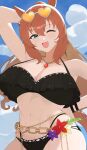  1girl absurdres animal_ears arm_behind_head arm_up armpits bikini black_bikini blue_eyes blue_sky blush breasts brown_hair cleavage commentary_request contrapposto day ear_ornament ekimiyaaa_ja eyewear_on_head fingernails hair_between_eyes heart heart-shaped_eyewear highres horse_ears horse_girl horse_tail large_breasts long_hair looking_at_viewer maruzensky_(hot_summer_night)_(umamusume) maruzensky_(umamusume) nail_polish navel official_alternate_costume official_alternate_hairstyle one_eye_closed open_mouth orange-tinted_eyewear outdoors sky smile solo stomach sweat swimsuit tail tinted_eyewear umamusume white-framed_eyewear 