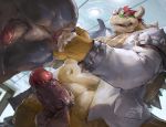  2019 anal anal_fingering anthro anus balls bodily_fluids bowser claws clothing detailed_background duo fingering hi_res koopa lindong male male/male mario_bros muscular muscular_male nintendo penis scalie smile spikes video_games 