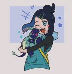  1girl black_hair black_shirt blue_eyes blue_hair blue_hoodie blush_stickers colored_inner_hair commentary english_commentary hair_bun hair_ornament hairclip holding holding_pokemon hood hood_down hoodie liko_(pokemon) long_sleeves looking_at_viewer m-hex multicolored_hair one_eye_closed open_mouth pokemon pokemon_(anime) pokemon_(creature) pokemon_horizons shirt short_hair simple_background sleeveless sleeveless_hoodie terapagos terapagos_(normal) two-tone_hair upper_body 