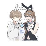  2boys :d amano_mashiro artist_collaboration artist_request black_gloves black_vest braid brown_hair commentary_request dual_persona earrings gloves grey_eyes grey_kimono hair_bun heart heart_hands heart_hands_duo japanese_clothes jewelry kimono lapels low_ponytail male_focus male_playboy_bunny multiple_boys navel oshi_no_taisetsuna_hito_ni_narikawaru pectorals ponytail shitone_(spoon_mkn) side_braid smile stud_earrings vest white_gloves 