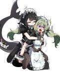  2girls ^^^ absurdres apron black_dress black_hair blush carrying carrying_person caseee999 closed_eyes colored_inner_hair commentary_request corin_wickes dress ellen_joe fins fish_tail green_hair hair_between_eyes hairband highres long_hair maid maid_apron maid_headdress metal_hairband mole mole_under_eye motion_lines multicolored_hair multiple_girls open_mouth piggyback purple_eyes razor_blade_hair_ornament scar scar_on_tail shark_girl shark_tail short_hair simple_background spiked_headband sweat tail twintails white_apron white_background zenless_zone_zero 