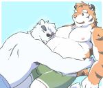  2018 anthro belly clothing duo eyes_closed felid hug humanoid_hands male male/male mammal moobs nipples numpia overweight overweight_male pantherine polar_bear simple_background tiger underwear ursid ursine 
