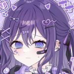  1girl @_@ aegyo_sal asahina_mafuyu bandaid bandaid_on_cheek bandaid_on_face black_bow black_choker black_nails blue_eyes blush bow broken_heart choker close-up closed_mouth cocked_eyebrow commentary_request demon_horns demon_tail drawn_horns drawn_tail ear_piercing eyes_visible_through_hair facial_mark frilled_choker frills gradient_eyes hair_bow hair_ornament heart heart_facial_mark heart_hair_ornament highres hood hood_down hoodie horns korean_commentary looking_at_viewer multicolored_eyes nail_polish outline pale_skin piercing pink_horns plaid_clothes plaid_hoodie portrait project_sekai purple_background purple_bow purple_eyes purple_hair purple_hoodie purple_horns purple_tail purple_theme raised_eyebrow simple_background solo speech_bubble tail thought_bubble touyu_1210 two-tone_bow two-tone_eyes two_side_up wavy_mouth white_outline x_hair_ornament 