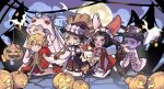  3boys 3girls animal_ears animalization bat_(animal) black_coat black_dress black_hair black_hat black_pants black_shoes blonde_hair broom cassetti_(project_moon) cat cat_ears chibi chibi_only coat commentary curiambro_(project_moon) don_quixote_(project_moon) dress dulcinea_(project_moon) english_commentary eye_mask feather_boa ghost_costume glowing glowing_eyes gold_trim happy_halloween hat headdress highres holding holding_broom holding_saw holding_scissors kemonomimi_mode la_manchaland's_don_quixote_(project_moon) limbus_company mask multiple_boys multiple_girls nicolina_(project_moon) nurse_cap pants project_moon pumpkin red_dress red_eyes running sancho_(project_moon) scissors shoes shoggoth_(sirens20211) short_hair white_coat white_hair witch_hat 