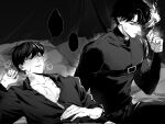  2boys anger_vein artist_request belt_collar blank_speech_bubble chest_belt cigarette collar collared_shirt commentary_request commission glaring greyscale hand_on_own_stomach head_on_pillow highres holding holding_cigarette kim_dokja looking_at_another lying male_focus monochrome multiple_boys omniscient_reader's_viewpoint on_back partially_open_shirt pillow scar scar_on_hand second-party_source shirt short_hair sitting smoke smoke_trail smoking speech_bubble yoo_joonghyuk 