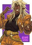  1boy blonde_hair commentary commission cosplay dark_skin dark_skinned_male dio_brando dio_brando_(cosplay) english_commentary evil_grin evil_smile godzilla:_king_of_the_monsters godzilla_(series) grid grin headband jojo_no_kimyou_na_bouken king_ghidorah king_ghidorah_(godzilla:_king_of_the_monsters) long_hair looking_at_viewer male_focus nekkyo_usagi personification pointy_ears red_eyes smile solo solo_focus 