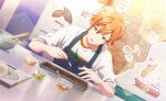  1boy :o apron blonde_streaks blue_apron blurry bokeh bowl buttons chocolate chocolate_making colorful_palette depth_of_field dot_nose ear_piercing earrings fingernails food_request game_cg green_eyes highres jewelry kaitou_shinshi_no_harahara!?_white_day_(project_sekai) male_focus map_(object) multicolored_hair official_art open_mouth orange_hair orange_trim pentagon_(shape) piercing portrait project_sekai shinonome_akito shirt short_hair sleeves_rolled_up solo sparkle spatula spoon streaked_hair table third-party_source three-quarter_sleeves upper_body weight_conscious white_shirt 