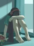  1girl barefoot black_hair black_shirt character_doll cho_kaguya-hime! commentary doll english_commentary full_body green_pajamas green_shirt green_shorts headphones highres holding holding_doll holding_shirt holding_unworn_clothes kaguya_(cho_kaguya-hime!) lonely long_hair milktea_(gggrrr2000) pajamas sakayori_iroha shirt shorts sitting solo unworn_shirt window 