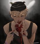  1boy 1girl bananeneisss bandaged_torso beanie black_eyes black_tank_top blonde_hair cannibalism demon_horns fake_horns fork gluttony_gods grin guro hand_on_own_wrist hat highres holding holding_fork horns intestines looking_at_viewer out_of_frame pov pov_hands purple_nails ronin_(gluttony_gods) short_hair smile tank_top ther_(gluttony_gods) 