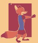  2019 abstract_background anthro border brown_ears canid canine cheek_tuft clothed clothing dipstick_tail disney elbow_tufts fox fuel_(artist) gloves_(marking) half-closed_eyes hi_res leg_markings looking_at_viewer mammal markings multicolored_tail nick_wilde orange_border outline red_background red_fox simple_background smile socks_(marking) solo standing stretching tuft zootopia 
