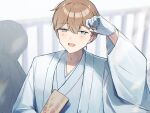  2boys :d adjusting_hair amano_mashiro brown_hair commentary_request earrings gloves grey_kimono hagoita hand_up holding holding_paddle jacket japanese_clothes jewelry kasugano_(owf_ksg) kimono multiple_boys oshi_no_taisetsuna_hito_ni_narikawaru paddle smile solo_focus stud_earrings upper_body white_gloves white_jacket 