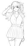  1girl arm_at_side braid breasts choppy_bangs cleavage collarbone commentary cowboy_shot english_commentary english_text greyscale grin hand_up highres large_breasts lineart looking_at_viewer medium_hair miniskirt monochrome no_bra no_panties one_eye_closed original partially_unbuttoned pleated_skirt pussy_juice reia_76 remote_control_vibrator sex_toy shirt_tucked_in side_ponytail side_ponytail_with_braided_base sketch skirt sleeves_rolled_up smile solo standing sweat v vibrator vibrator_in_thigh_strap 