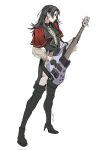  1girl 5-string_bass_guitar artist_name bang_dream! bang_dream!_it's_mygo!!!!! banwen_cangshu bass_guitar black_boots black_gloves black_hair black_pants boots capelet closed_mouth commentary corrupted_twitter_file earrings extended_range_bass_guitar gloves high_heel_boots high_heels highres holding holding_bass_guitar holding_instrument instrument jewelry long_hair pants red_capelet see-through_clothes see-through_sleeves simple_background solo thigh_boots timoris_(bang_dream!) two-tone_pants white_background white_pants yahata_umiri 