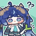  1girl :< ? ?? ahoge bare_shoulders black_skirt black_sleeves black_thighhighs blue_eyes blue_hair blue_necktie blush_stickers chibi chibi_only closed_mouth collared_shirt commentary_request cosplay cowboy_shot detached_sleeves food green_background hatsune_miku hatsune_miku_(cosplay) holding holding_food holding_spring_onion holding_vegetable iuno_(wuthering_waves) korean_commentary long_hair long_sleeves monyami necktie notice_lines outline pleated_skirt shirt skirt sleeveless sleeveless_shirt solo spring_onion thighhighs twintails vegetable vocaloid white_outline white_shirt wuthering_waves zettai_ryouiki 