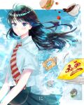  1girl asa_(1asa-0-asa1) black_hair blue_eyes book closed_mouth coffee collared_shirt eyelashes food highres koi_wa_ameagari_no_you_ni long_hair looking_at_viewer necktie omelet omurice pleated_skirt red_necktie sandwich school_uniform shirt short_sleeves skirt solo spoon tachibana_akira third-party_source tomato translation_request upper_body white_shirt 