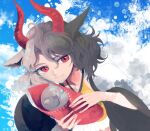  1girl animal_ears brown_hair closed_mouth commentary_request cow_ears cow_girl cow_horns grey_hair haori holding horns itomugi-kun japanese_clothes looking_at_viewer medium_hair multicolored_hair red_eyes red_horns smile solo split-color_hair statue tank_top touhou two-tone_hair ushizaki_urumi yellow_tank_top 