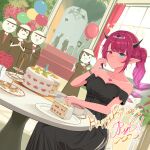  3girls 4boys bare_shoulders black_dress black_horns bloom_(irys) blue_eyes breasts cake chair cleavage commentary dress english_commentary food gloom_(irys) guyrys high_ponytail highres hololive hololive_english horns indoors irys_(hololive) medium_breasts multicolored_hair multiple_boys multiple_girls on_chair pointy_ears ponytail purple_eyes purple_hair red_hair shift_(shiftillust) simple_background sitting solo_focus strapless strapless_dress streaked_hair table two-tone_hair virtual_youtuber 