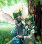  2girls against_tree blue_eyes blue_skirt blush closed_eyes closed_mouth collared_shirt commentary_request commission daiyousei day detached_sleeves dress feathered_wings flat_chest flower flower_wreath frog_hair_ornament grass green_hair hair_ornament hair_ribbon hair_tubes head_wreath highres kochiya_sanae long_hair long_sleeves looking_at_another multiple_girls on_ground outdoors pinafore_dress puffy_short_sleeves puffy_sleeves putting_on_headwear ribbon river sasami_(shiroi_fuwafuwa) shade shirt short_hair short_sleeves signature single_hair_tube sitting skirt sleeping sleeveless sleeveless_dress sleeveless_shirt smile snake_hair_ornament standing touhou tree under_tree white_shirt white_sleeves white_wings wide_sleeves wings yellow_flower yellow_ribbon 