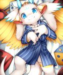 anthro blue_eyes blush claws cub dragon feathers fur furred_dragon hi_res lying male on_back solo unrealplace white_fur yellow_feathers young 