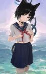  1girl absurdres alternate_eye_color animal_ears black_choker black_hair blue_archive blue_eyes blue_halo blue_sailor_collar blue_skirt cat_ears cat_girl cat_tail choker closed_mouth commentary halo highres kikyou_(blue_archive) lirn looking_at_viewer multiple_tails neckerchief ocean red_neckerchief sailor_collar shirt short_hair short_sleeves skirt solo tail two_tails white_shirt 