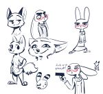  2019 ambiguous_gender anthro barefoot canid canine cheek_tuft clothed clothing dialogue disney ear_markings english_text eyewear facial_markings fox fuel_(artist) fur fur_markings glasses gun half-closed_eyes hand_on_hip handgun head_markings hi_res holding_object holding_weapon jack_savage lagomorph leporid looking_at_viewer mammal markings neck_tuft necktie nick_wilde pistol rabbit ranged_weapon simple_background sketch_page skye_(zootopia) smile standing text tuft violet_hopps_(zootopia) weapon white_background zootopia 