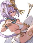  1girl ahoge ancient_egyptian animal_ear_fluff animal_ear_piercing animal_ears ankh blush breasts cat_ears cat_girl cat_tail cl_oor commentary_request dot_nose gold_nails hair_between_eyes hair_ornament holding holding_staff hololive jewelry large_breasts looking_at_viewer medium_hair nekomata_okayu pelvic_curtain purple_eyes purple_hair simple_background sitting snake_hair_ornament solo staff tail thick_thighs thighs tongue tongue_out virtual_youtuber 