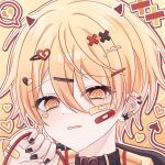  1boy @_@ aegyo_sal bandaid bandaid_on_cheek bandaid_on_face bandaid_on_hand black_collar black_nails blush broken_heart broken_heart_hair_ornament close-up collar commentary_request demon_horns demon_tail double-parted_bangs drawn_horns drawn_tail ear_piercing eyes_visible_through_hair from_below hair_between_eyes hair_ornament hand_up heart heart_background heart_hair_ornament highres hood hood_down hoodie horns korean_commentary looking_at_viewer male_focus nail_polish open_mouth orange_background orange_eyes orange_hair orange_hoodie orange_theme outline pale_skin piercing pink_horns plaid_clothes plaid_hoodie portrait project_sekai raised_inner_eyebrows red_horns red_tail short_hair simple_background solo spoken_broken_heart spoken_heart tail tenma_tsukasa touyu_1210 white_outline x_hair_ornament 