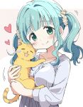  1girl ai-generated animal aqua_hair blunt_bangs blush breasts buttons cat closed_mouth collarbone commentary_request dot_nose futaba_sana green_eyes hair_ornament hair_scrunchie head_tilt heart highres holding holding_animal holding_cat kwg light_blush long_sleeves looking_at_viewer magia_record:_mahou_shoujo_madoka_magica_gaiden mahou_shoujo_madoka_magica medium_breasts medium_hair scrunchie shirt sidelocks simple_background smile solo split_mouth twintails upper_body wavy_hair white_background yellow_scrunchie 