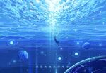  1other ambiguous_gender blue_theme chinese_commentary chinese_text commentary_request fangpeii from_side highres medium_hair monochrome original planet silhouette star_(sky) surreal swimming translation_request underwater wide_shot 